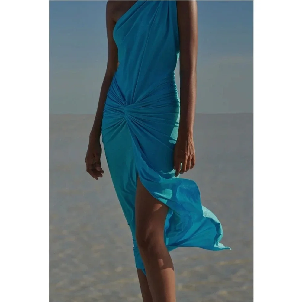 BAOBAB Cover Up Women Large Lazuli Blue Shimmer Miamar One‎ Shoulder Ruched Slit